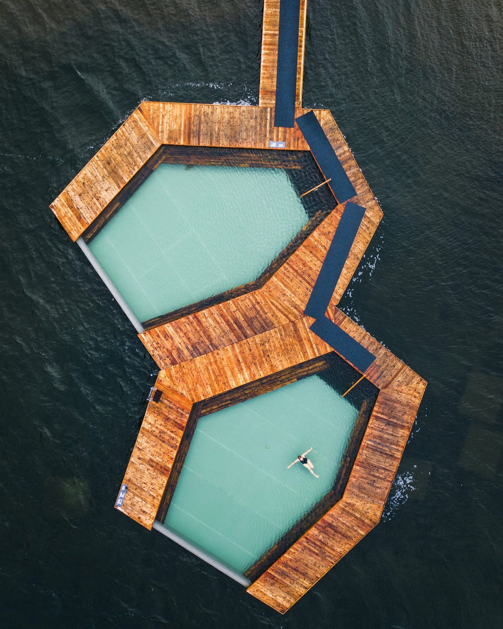 Aerial view of Vök Baths floating pools, East Iceland